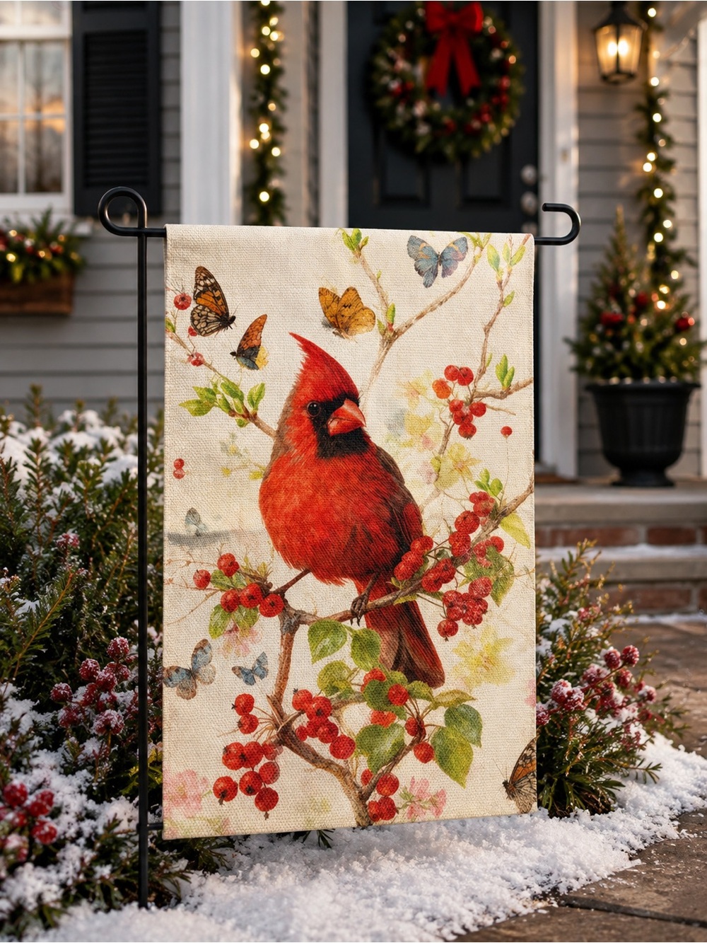 🎄New🎄Cardinal Garden Flag with Red Berries and Butterflies